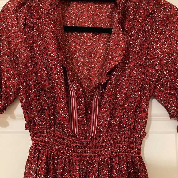 Max Studio Red with Micro Floral Long Dress – Size S – Ruffle Neckline & Smocked - Picture 6 of 6